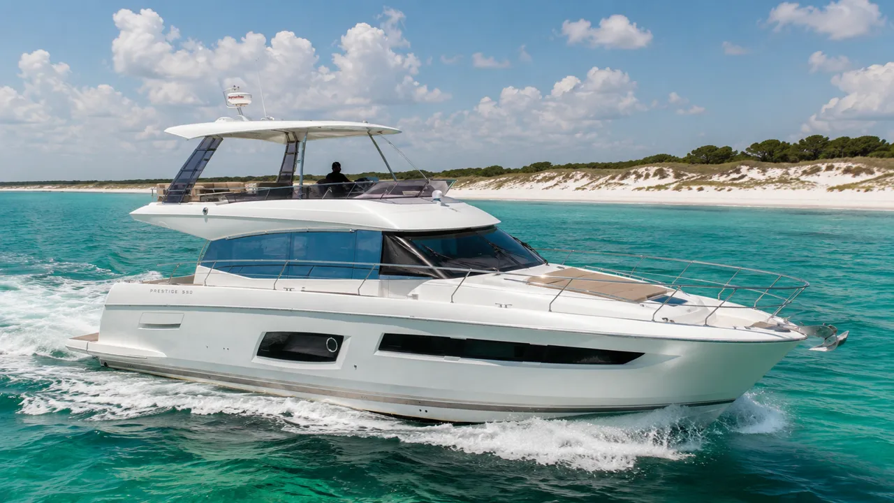 Lovin' Life, a 57 foot Prestige 550 Flybridge yacht, cruising the emerald water off Destin, Florida
